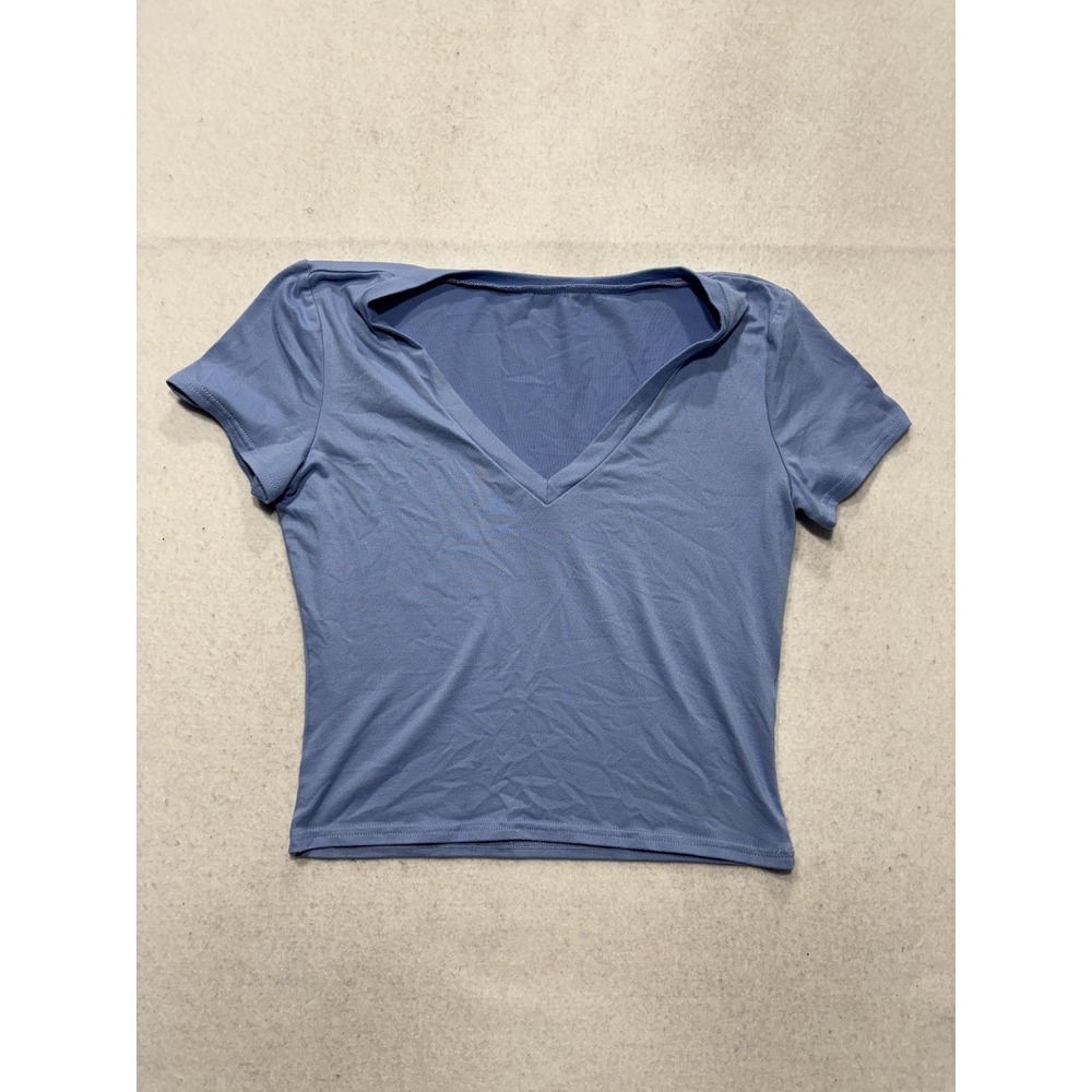 Blue V Neck Short Sleeve Cropped Stretch Tee Shirt Womens Medium C187V0V657